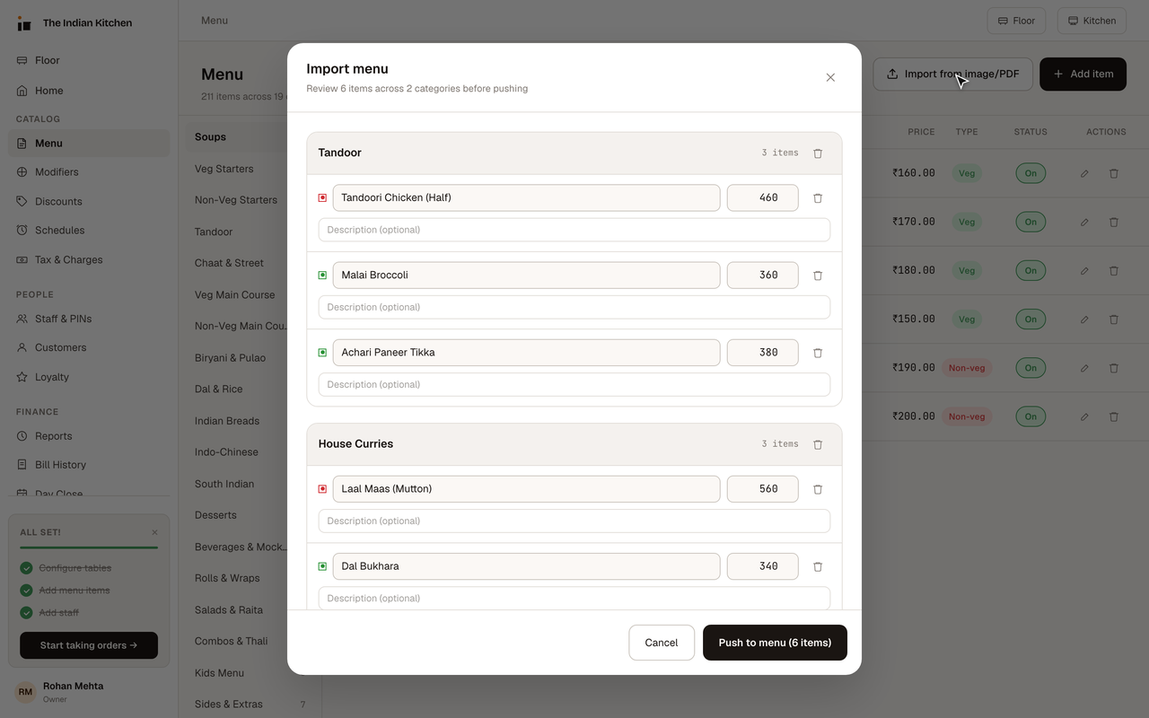 InBill AI menu import — reviewing items parsed from a photographed menu before pushing to the catalog