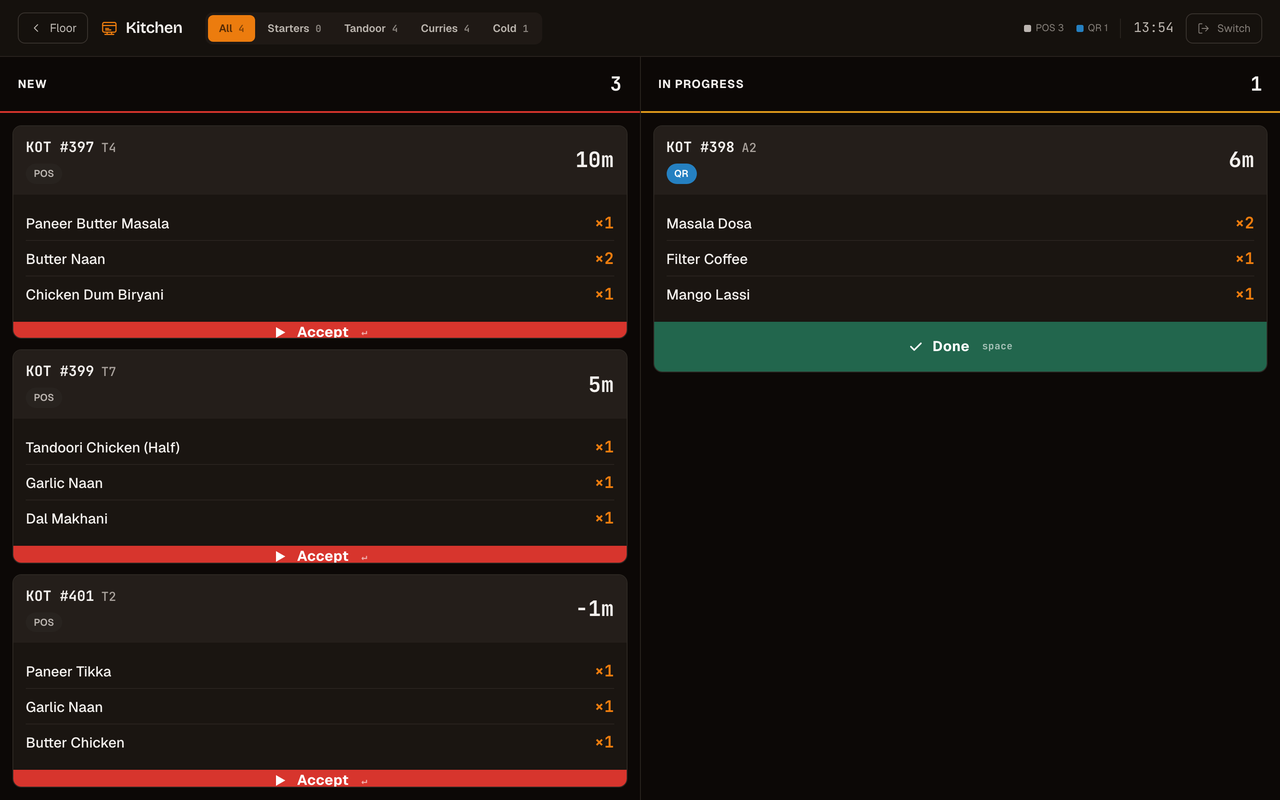 InBill kitchen display — KOT tickets tagged POS and QR with accept and done actions