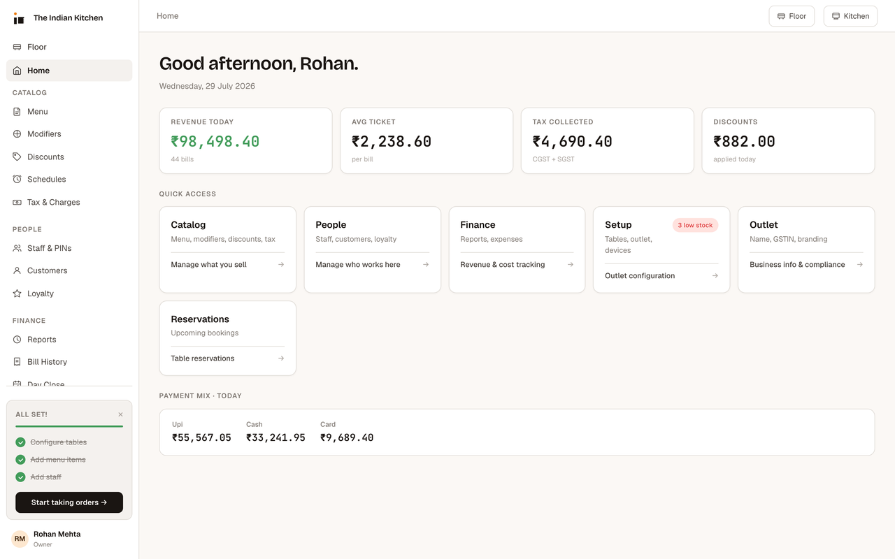 InBill manager home — revenue, average ticket, tax collected and quick access to every module