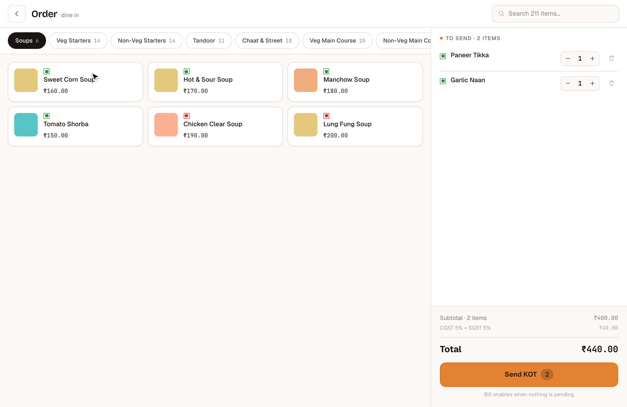 InBill POS order screen — 211-item menu with live cart and CGST/SGST